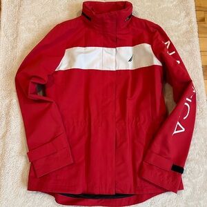 Nautica Red Rain Jacket with White Chest Stripe and Sleeve Logo